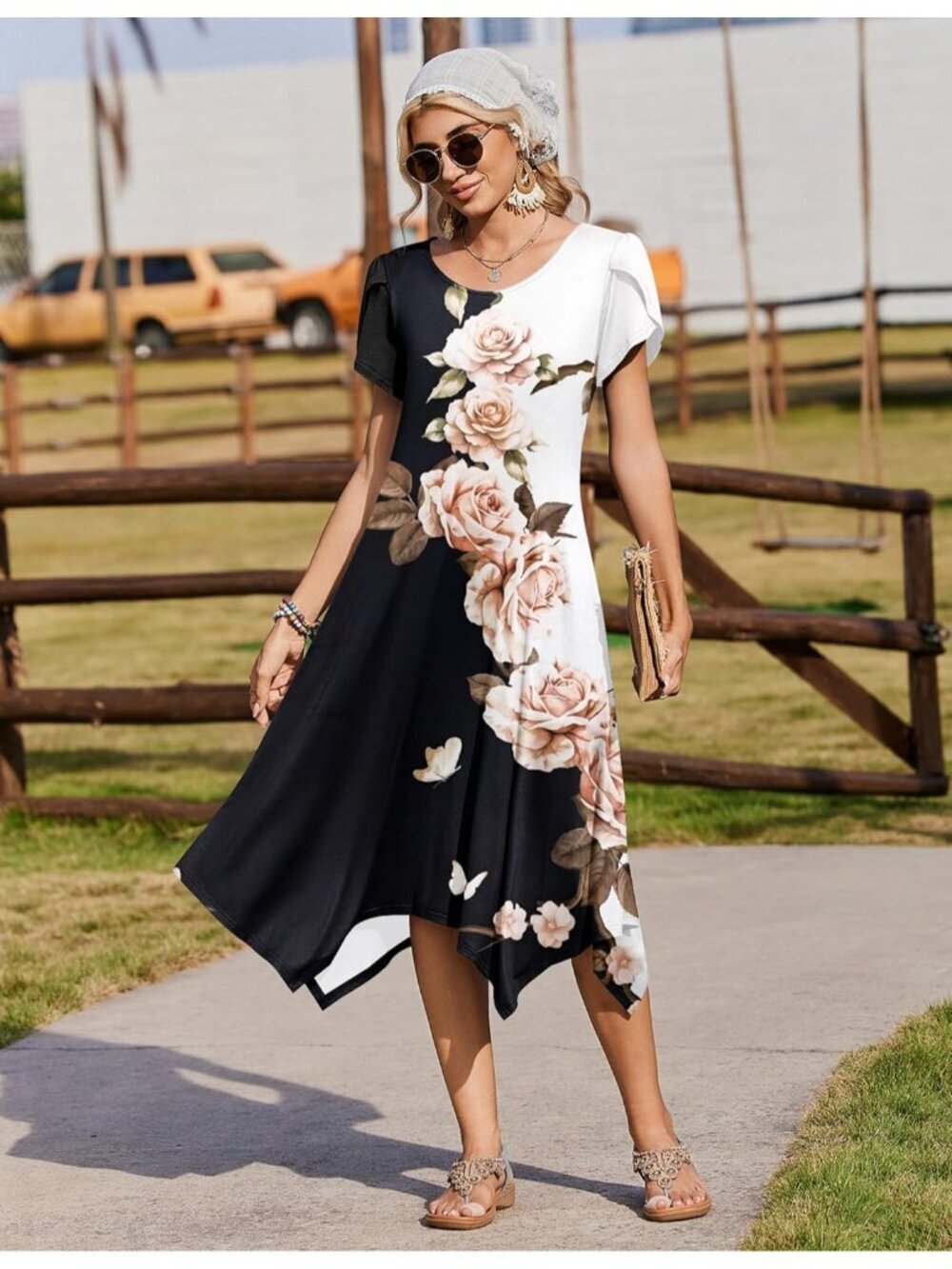 Women Summer Casual Midi Dress Short Sleeve Pockets Loose Flowy Beach Sundress - Picture 3 of 6